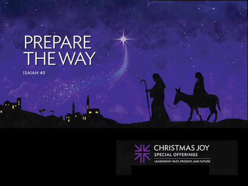 Silhouette of Mary and Joseph headed to Bethlehem with star overhead. Words: 