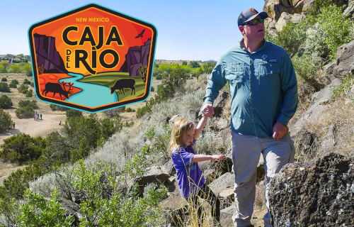 Pastor Andrew and daughter Brooke on Caja del Rio, with Caja del Rio logo