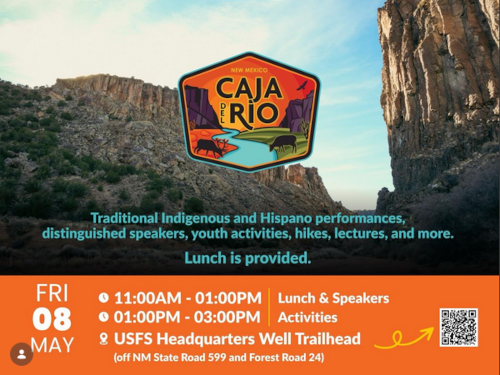 Flyer for Caja del Rio celebration with caja del rio logo and a picture of the caja del rio. The text reads: 