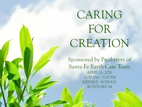 Image of leaves against a blue sky, with "Caring for Creation"