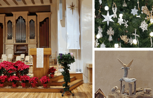 Collage of Chrismons, creche, and sanctuary with banner and poinsettias
