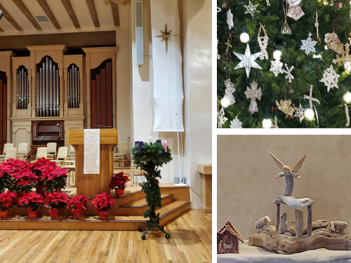 Collage of Chrismons, creche, and sanctuary with banner and poinsettias