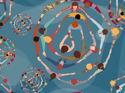 Groups of diverse people in circles from different cultures holding hands