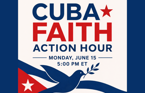 "Cuban Faith Action Hour, Monday, June 15, 5:00 pm ET" with image of dove and olive branch