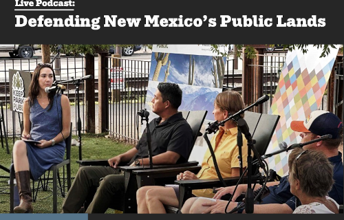 "Live Podcast: Defending New Mexico's Public Lands" with interviewer and 4 others sitting outside with mics