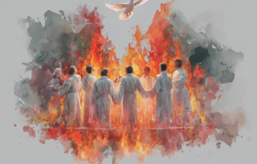 Watercolor painting of disciples and fire and dove descending