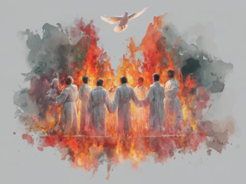 Watercolor painting of disciples and fire and dove descending