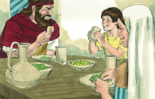 Elijah, widow, and her son at a meal