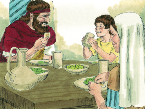 Elijah, widow, and her son at a meal