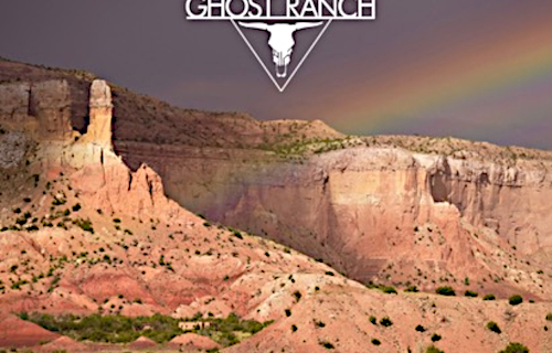 Ghost Ranch landscape with Ghost Ranch logo