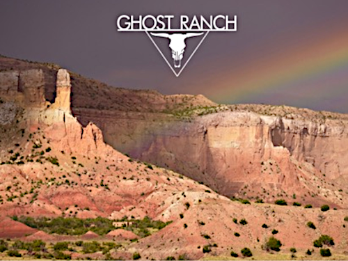 Ghost Ranch landscape with Ghost Ranch logo