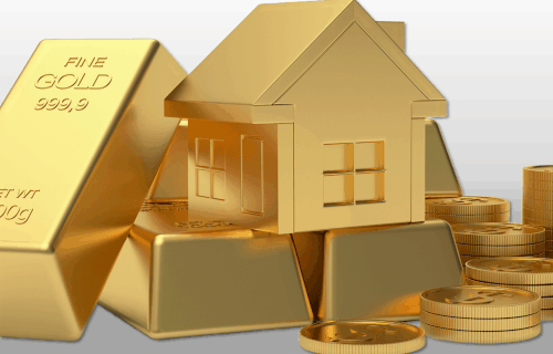 Gold bars, gold coins, and gold house