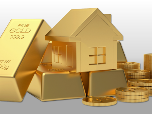 Gold bars, gold coins, and gold house