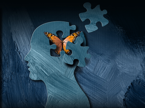 Cutout of head with butterfly and puzzle pieces