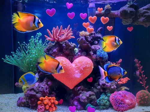 Coral heart in fishbowl with fish