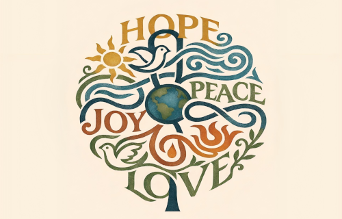 Illustration of tree, dove, sun with words Hope, Peace, Joy Love