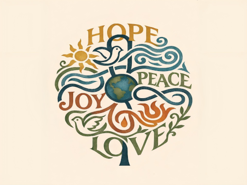Illustration of tree, dove, sun with words Hope, Peace, Joy Love