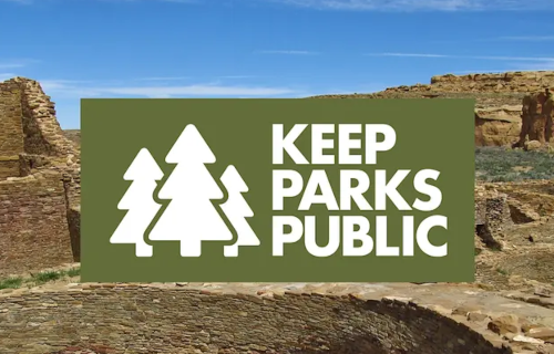 Logo for Keep Parks Public set against view of Chaco Canyon