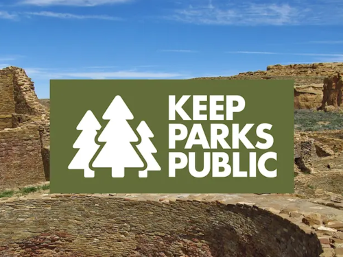 Logo for Keep Parks Public set against view of Chaco Canyon