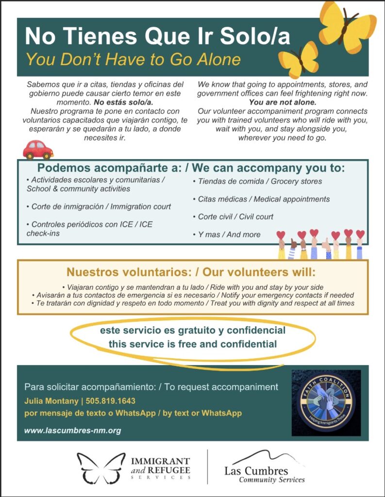 Flyer that tells immigrants about the program and to call Julia Montany at 505-819-1643 to request accompaniment