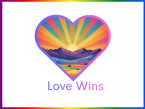 Love Wins! logo with rainbow sunrise over the mountains