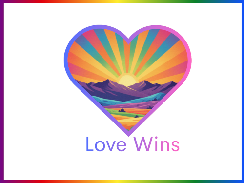 Love Wins! logo with rainbow sunrise over the mountains