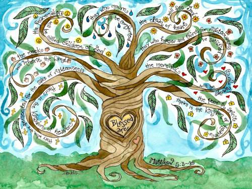 A painting of a tree with The Beatitudes written next to and on it.