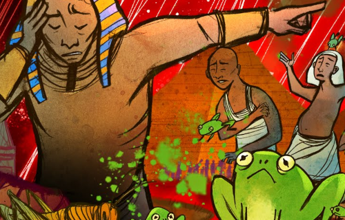 An illustration of a man, possibly the Pharoh, holding his head and many frogs.
