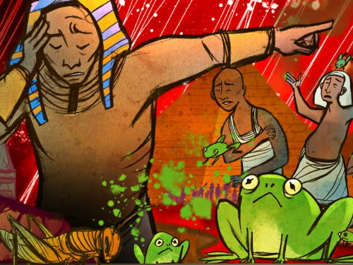 An illustration of a man, possibly the Pharoh, holding his head and many frogs.