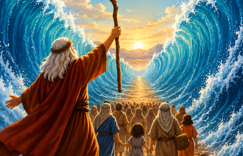 Illustration of Moses parting the Red Sea and the Israelites walking through