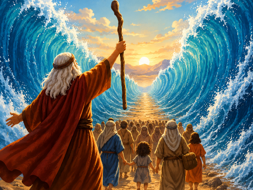 Illustration of Moses parting the Red Sea and the Israelites walking through