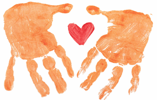 Painted hand prints with a painted heart