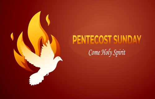 Image of dove and "Pentecost Sunday, come Holy Spirit"
