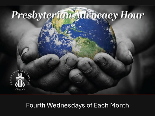 Hands Holding Globe and "Presbyterian Advocacy Hour"