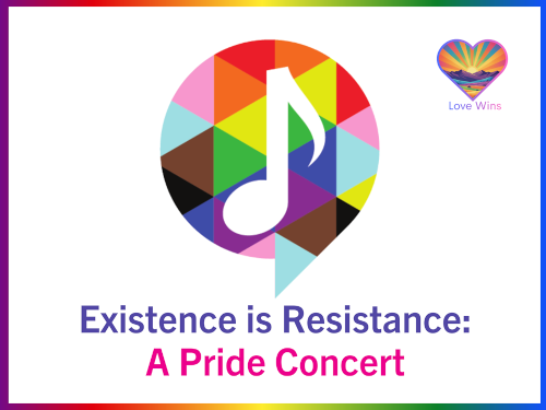 Musical note with multicolored triangles around it, with Love Wins logo, and 