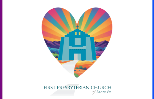 Image of FPC sanctuary with rainbow heart behind it