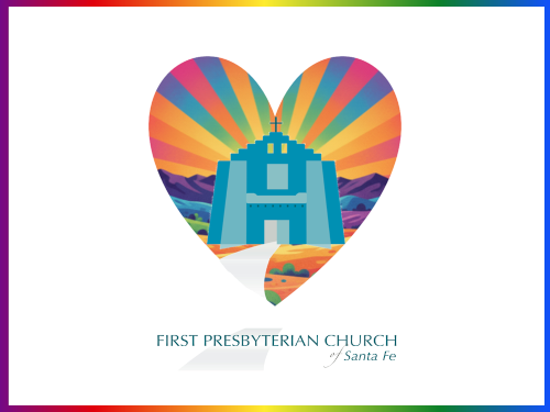 Image of FPC sanctuary with rainbow heart behind it