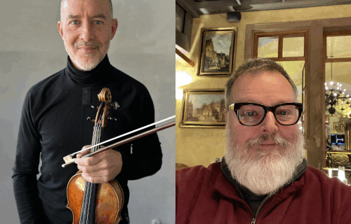 Side-by-side portraits of Stephen Redfield and David Solem. Redfield is bald in black holding a violin. Solem has black rimmed glasses, a white beard and a red top.