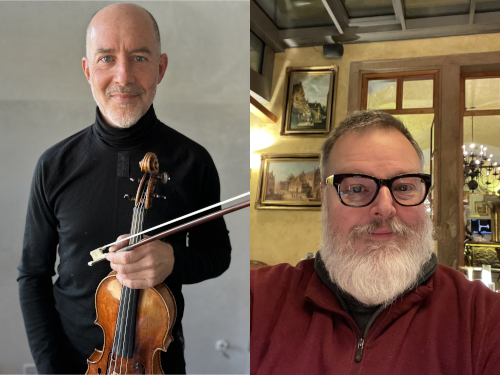 Side-by-side portraits of Stephen Redfield and David Solem. Redfield is bald in black holding a violin. Solem has black rimmed glasses, a white beard and a red top.