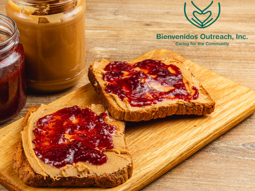 Peanut and butter sandwich with Bienvenidos logo