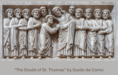 The marble relief of The Doubt of St. Thomas by artist Guido da Como