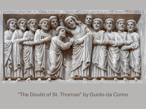 The marble relief of The Doubt of St. Thomas by artist Guido da Como