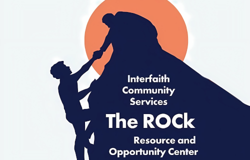 The ROCk logo--a silhouette of some on the top of a rock helping another person pull up