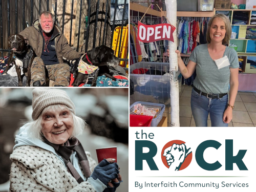 Image of homeless man, senior woman, manager of clothing closet