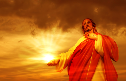 Transfigured Jesus in sky with hand out