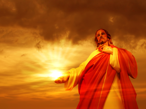 Transfigured Jesus in sky with hand out