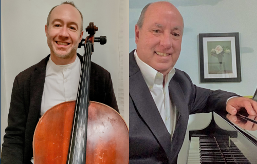Side-by-side portraits of Weger (with a cello) and Rodriguez (next to a piano)