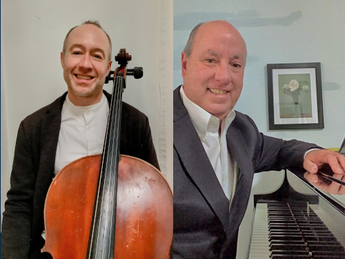 Side-by-side portraits of Weger (with a cello) and Rodriguez (next to a piano)
