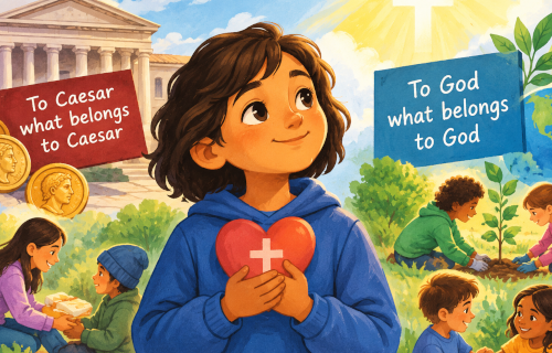 Child holding heart with cross on it, and sign saying "To God What Belongs to God"