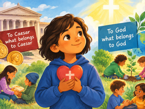 Child holding heart with cross on it, and sign saying 